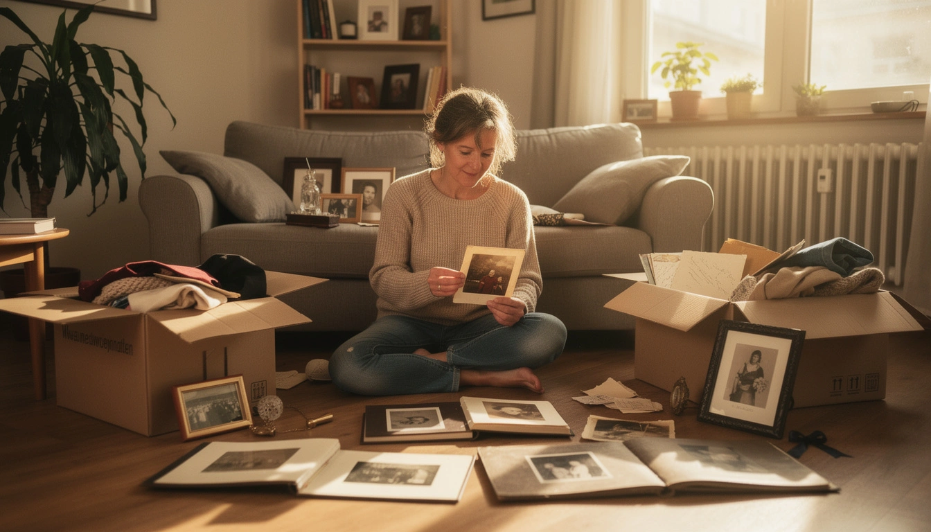 Frau sortiert Erinnerungen nach Todesfall eines Angehörigen