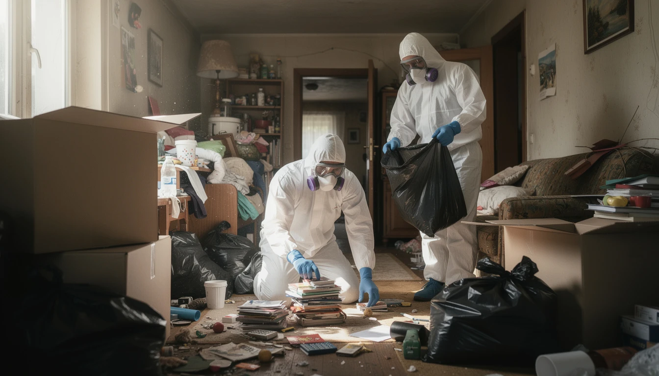 Messie Wohnung entrümpeln Konstanz - Team in Schutzanzügen sortiert Gegenstände diskret