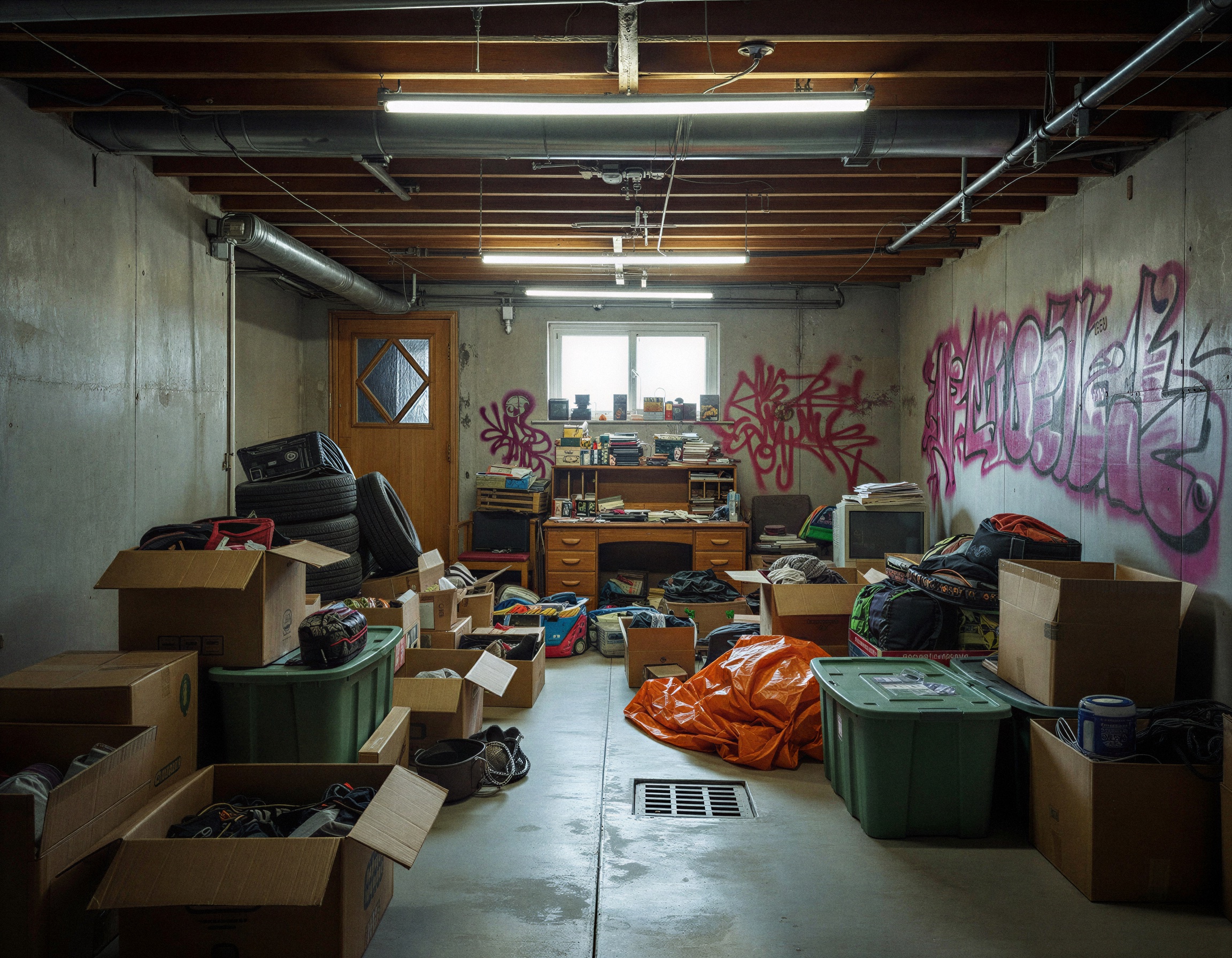 Kellerentrümpelung Singen vorher: Vollgestellter Keller mit Werkzeugen, alten Möbeln, Kartons und Graffiti-Wänden vor der professionellen Kellerentrümpelung