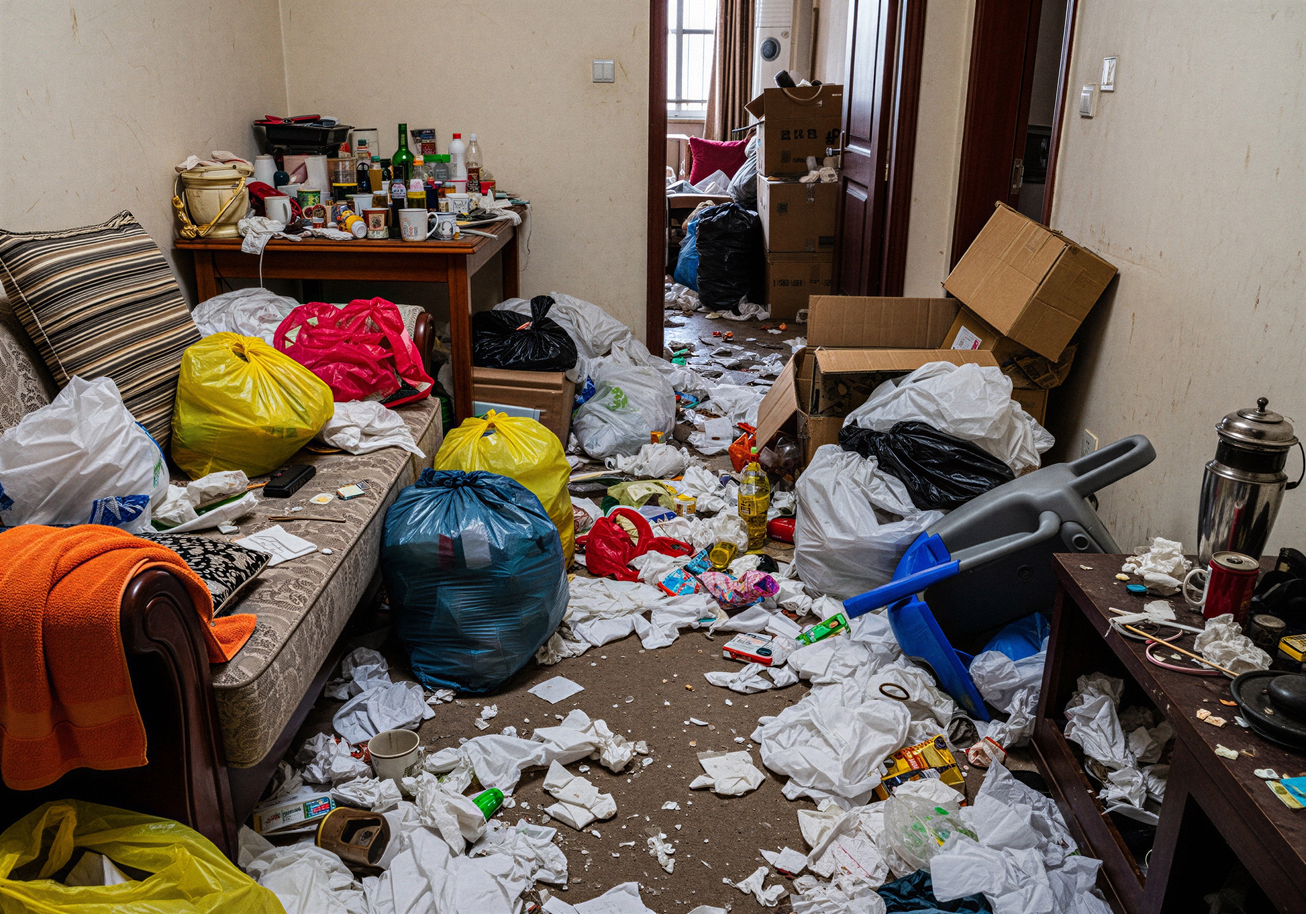 Messie-Wohnung Entrümpelung Radolfzell vorher: Schwere Vermüllung mit Müll am Boden, Plastiktüten, Kleidung und persönlichen Gegenständen vor der diskreten professionellen Messie-Entrümpelung